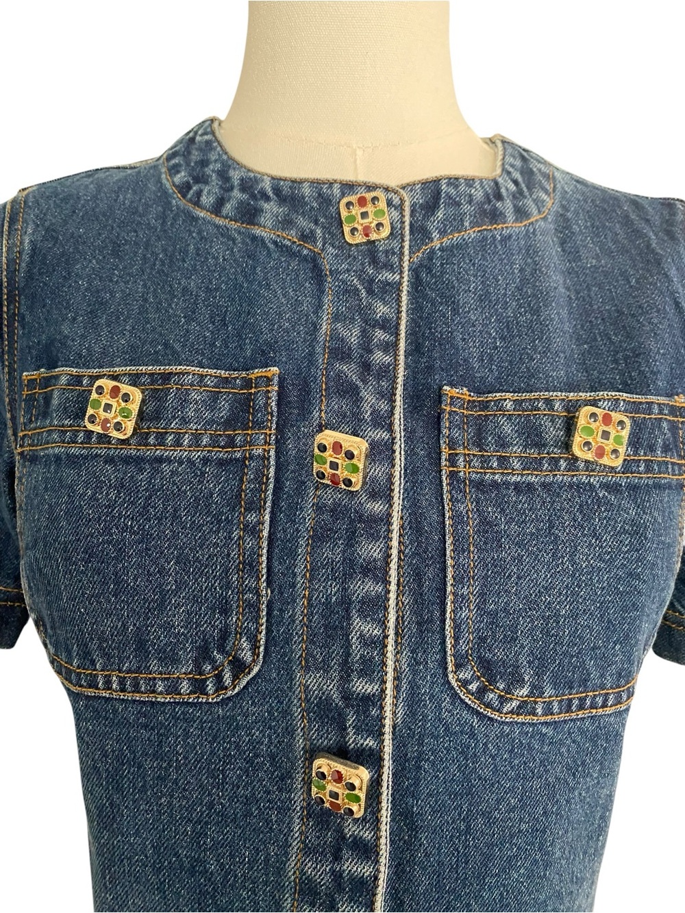 Self-Portrait Dark Blue Denim Short Sleeve Two-Piece Dress Set - Picture 5 of 13